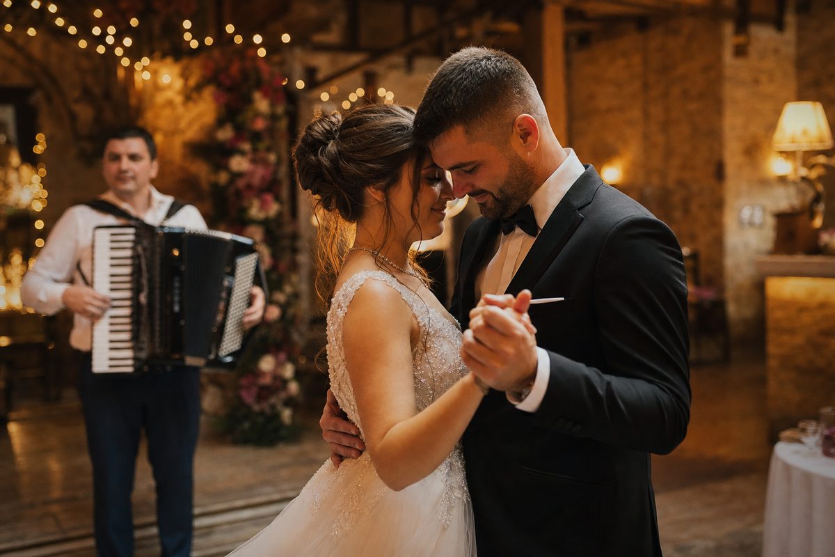 Mladenci plešu uz harmoniku u svečanoj sali