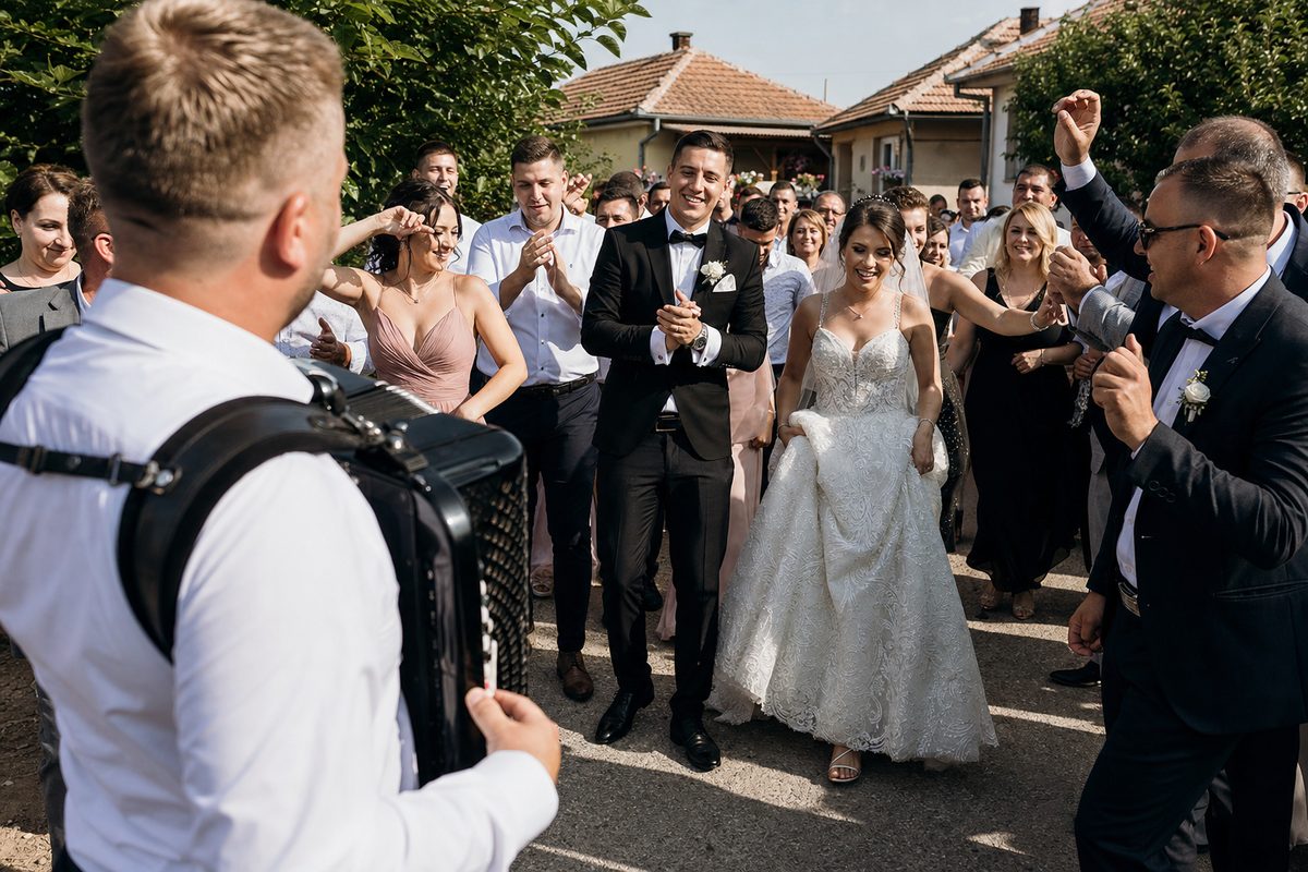 Harmonikač svira skupove svatova ispred kuće mladenaca