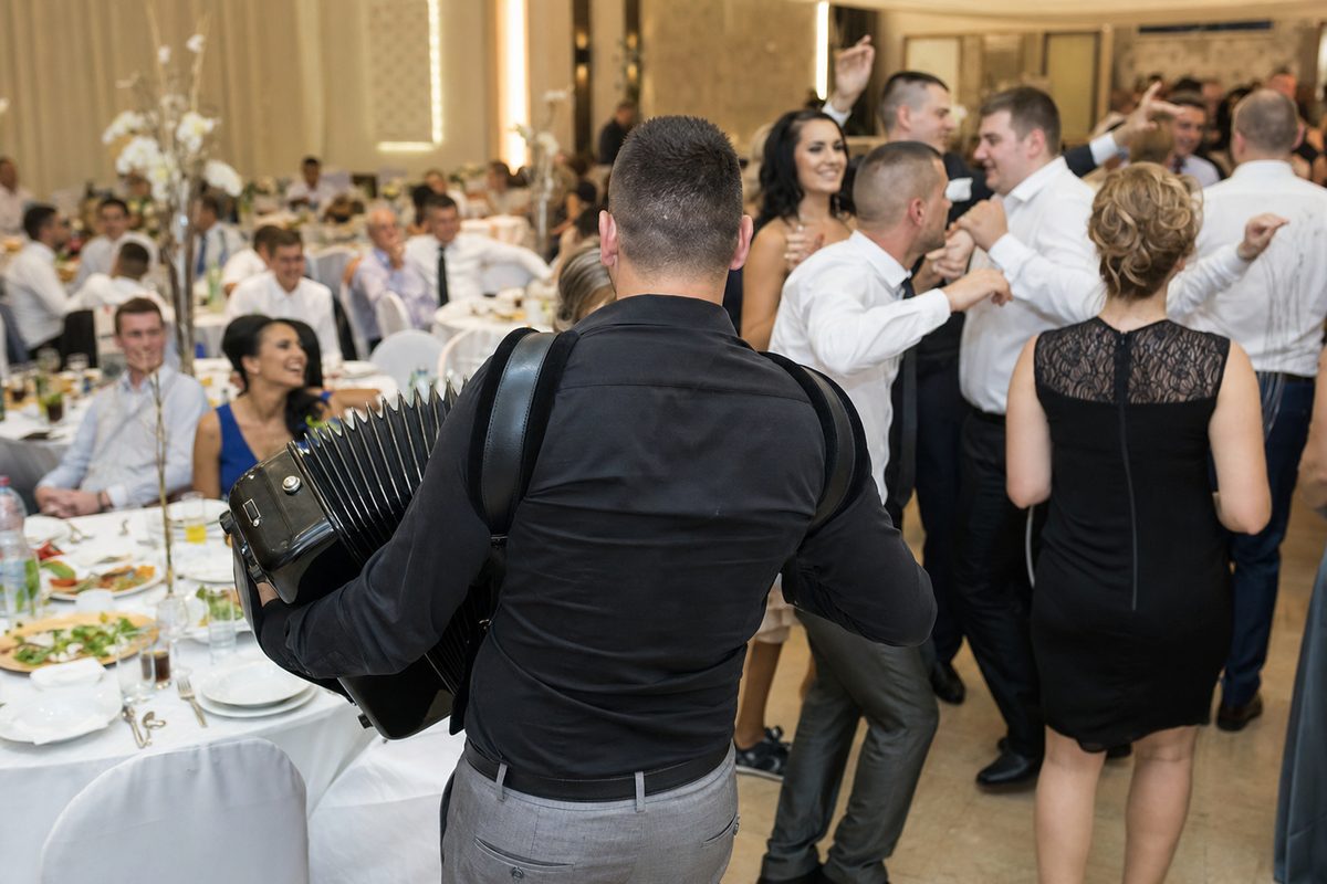 Harmonikač svira svadbeni ručak dok gosti igraju kolo